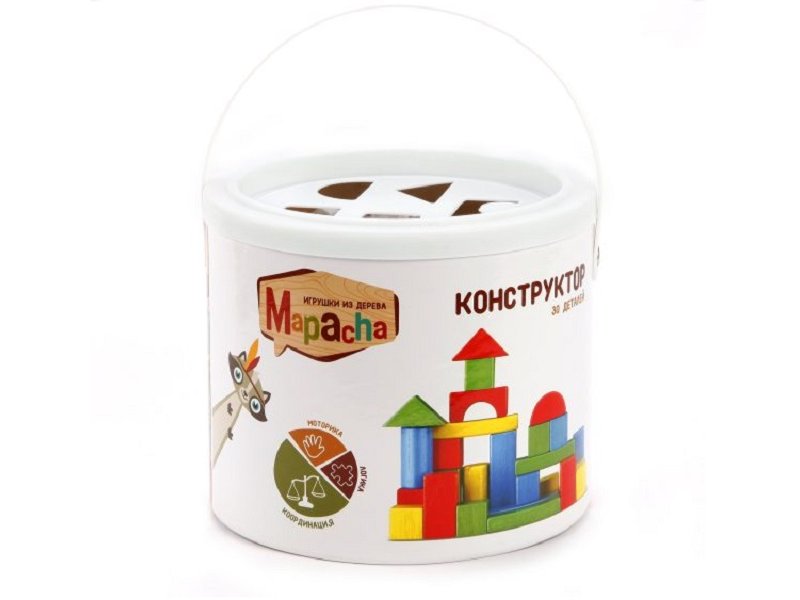 Деревянные кубики в ведерке.Основные цвета. 30 дет