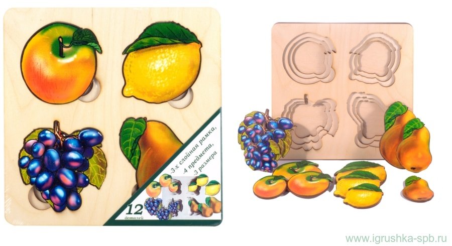Развивающая доска Больше-меньше.Фрукты,12 дет, 3-х слойнаядерев.